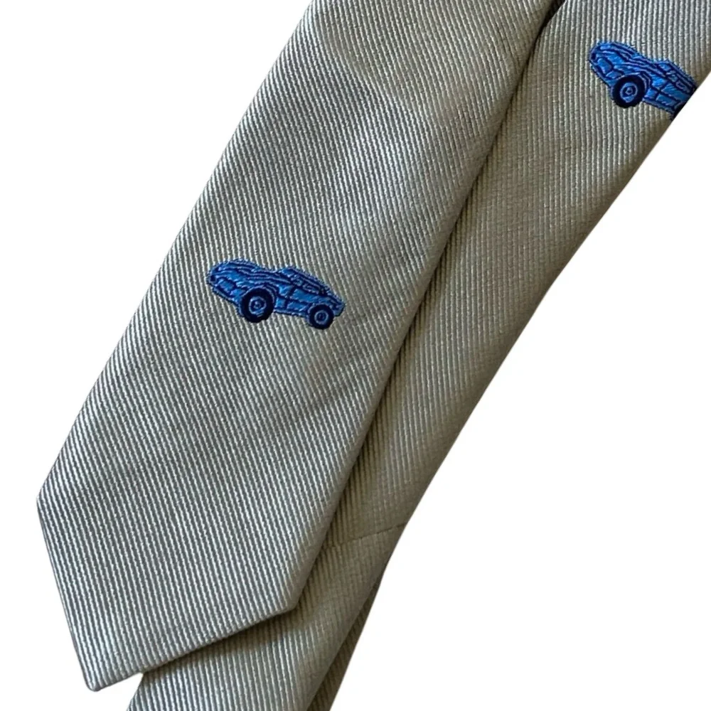 Crewcuts Boys Tie Necktie 42” Sz 2-7 Gray Blue Car Embroidered 100% Silk Kids